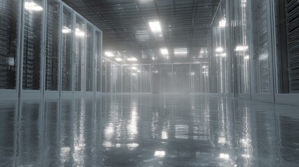 Server room reflecting modern technology and data connections, organizing vast amounts of information and ensuring seamless digital operations for global networks and services