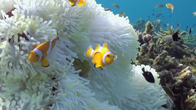 Orange clownfish dance within the protective embrace of a fluffy, white anemone. Schools of various reef fish swim in the distance on a beautiful Pacific Ocean reef.