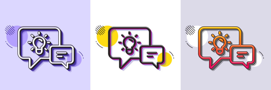 Idea lamp with Speech bubbles line icon. Halftone dotted pattern. Gradient icon with grain shadow. Communication sign. Light bulb symbol. Line idea lamp icon. Various designs. Vector