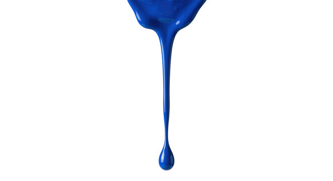 Single drop of vibrant blue paint dripping