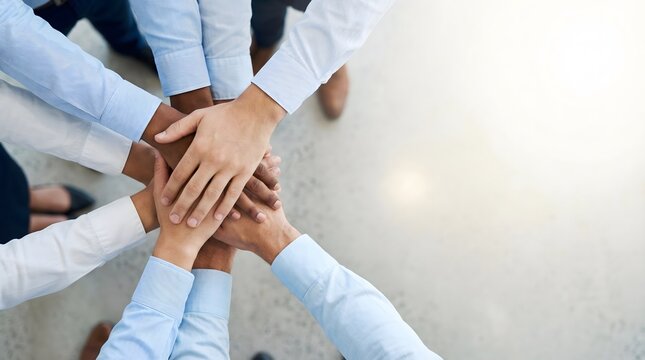 Business team stacking hands together in office showing unity and teamwork