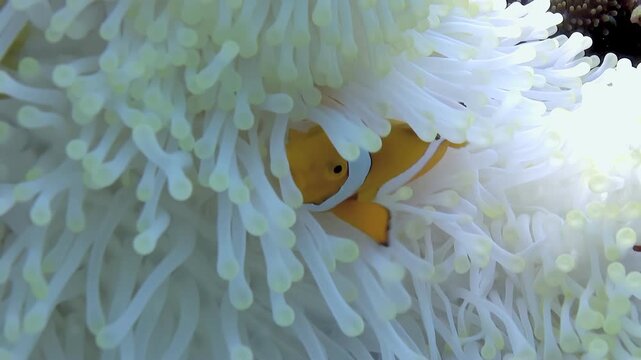 A pair of delightful clownfish playfully dart in and out of a magnificent white anemone, finding shelter and symbiotic joy on a sun-kissed afternoon.