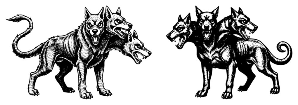 Black and white detailed engraving of Cerberus the three headed hound from Greek mythology in a vintage style