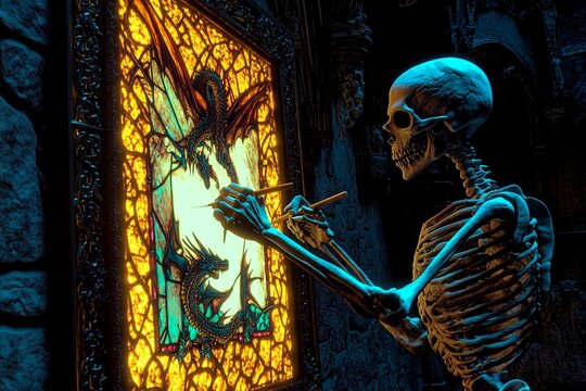 Skeleton artist creates dragon art in gothic castle setting