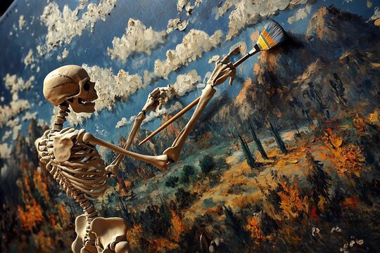 Skeleton creating art with a large paintbrush in a mountain landscape scene