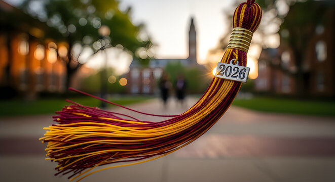 Close-up of a vibrant gold and maroon graduation tassel with 2026 charm