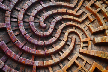 Fototapeta premium Intricate stone labyrinth nestled among greenery invites exploration and curiosity on a sunny day