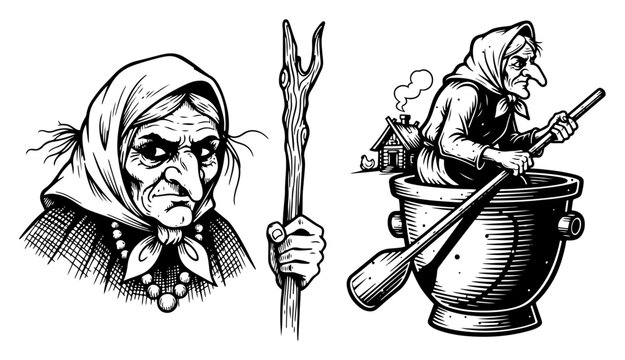 Character set of the Slavic witch Baba Yaga with mortar and pestle in classic woodcut engraving style