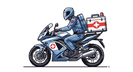 Obraz premium Emergency Medical Services, Paramedic on Motorcycle, Blue Uniform, First Aid Kit, Vector Illustration
