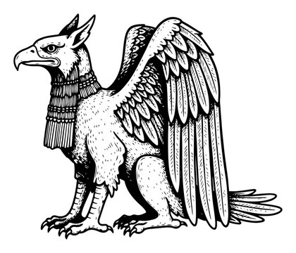 Detailed engraving of a mythical griffin creature in ancient Mesopotamian style