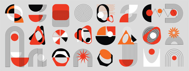 Obraz na płótnie Canvas Hand drawn abstract minimal element mid century vector set. Aesthetic contemporary stripe line art, geometric shape in monochrome. Art form design for wall art, decoration, wallpaper.