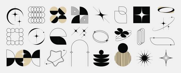 Plakat Hand drawn abstract minimal element mid century vector set. Aesthetic contemporary stripe line art, geometric shape in monochrome. Art form design for wall art, decoration, wallpaper.