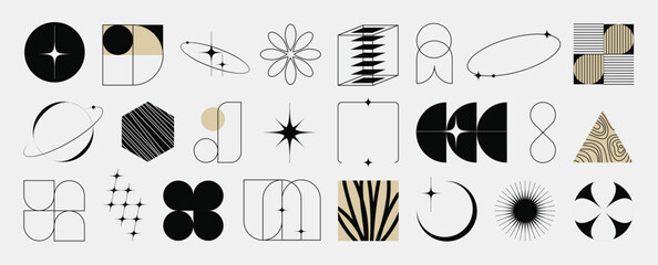 Hand drawn abstract minimal element mid century vector set. Aesthetic contemporary stripe line art, geometric shape in monochrome. Art form design for wall art, decoration, wallpaper.