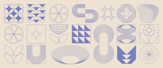 Plakat Hand drawn abstract minimal element mid century vector set. Aesthetic contemporary stripe line art, geometric shape in monochrome. Art form design for wall art, decoration, wallpaper.