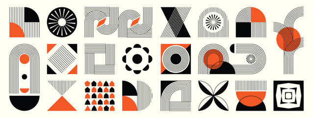 Hand drawn abstract minimal element mid century vector set. Aesthetic contemporary stripe line art, geometric shape in monochrome. Art form design for wall art, decoration, wallpaper.