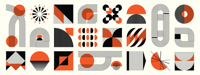 Hand drawn abstract minimal element mid century vector set. Aesthetic contemporary stripe line art, geometric shape in monochrome. Art form design for wall art, decoration, wallpaper.