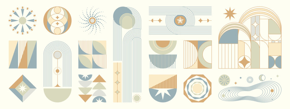 Hand drawn abstract minimal element mid century vector set. Aesthetic contemporary stripe line art, geometric shape in monochrome. Art form design for wall art, decoration, wallpaper.