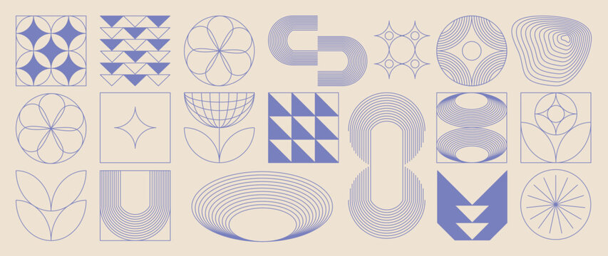 Hand drawn abstract minimal element mid century vector set. Aesthetic contemporary stripe line art, geometric shape in monochrome. Art form design for wall art, decoration, wallpaper.