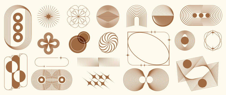 Hand drawn abstract minimal element mid century vector set. Aesthetic contemporary stripe line art, geometric shape in monochrome. Art form design for wall art, decoration, wallpaper.