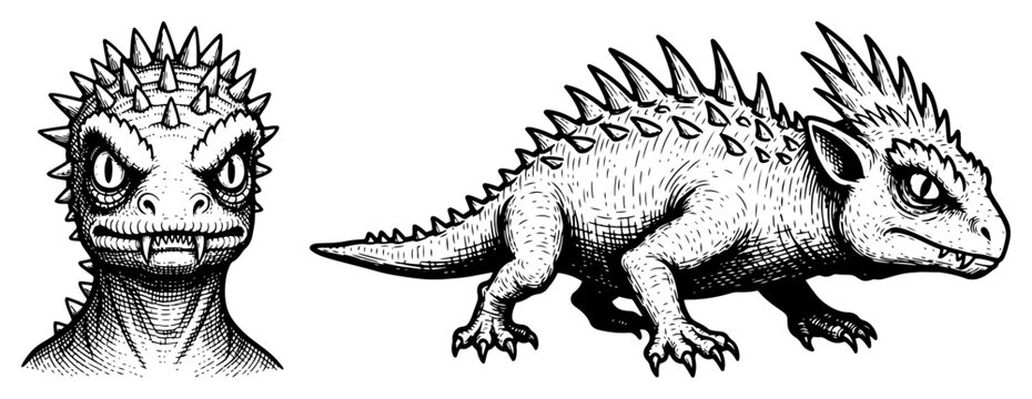 Black and white engraving of a spiky lizard monster or fantasy reptile creature from multiple angles