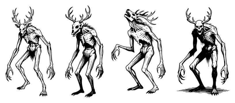 Set of mythical wendigo monsters with deer skulls and antlers in vintage woodcut engraving style