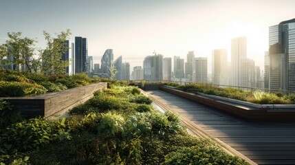 Fototapeta premium rooftop garden in modern city, green plants, urban skyline, eco architecture, sunlight, fresh atmosphere, contemporary design