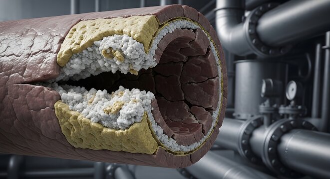 Cross section of a large artery showing significant calcification and plaque buildup obstructing the lumen
