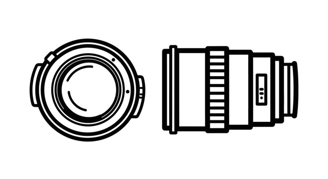 Camera lens schematics front view and side view photography equipment accessory aperture professional creative illustration monochrome technical schematic mechanical components portrait