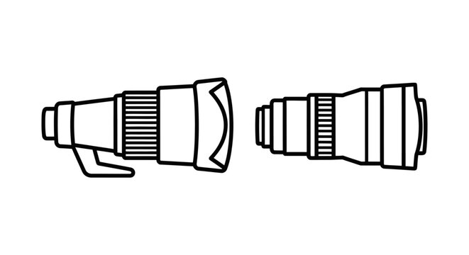 Telephoto lens and long lens schematics with lens hood telephoto photography equipment accessory professional creative illustration monochrome technical schematic mechanical components