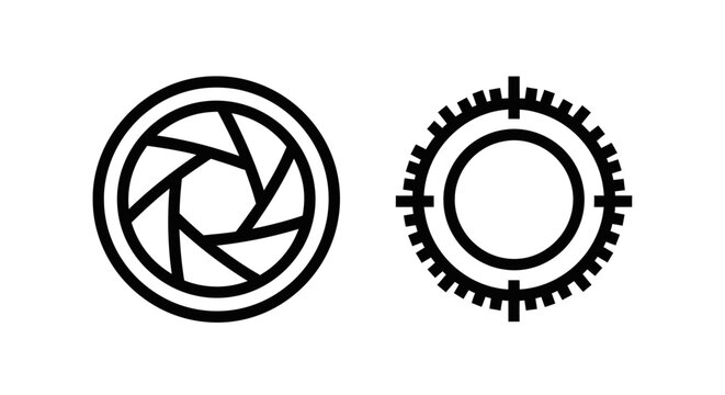 Camera aperture and gear icons with aperture mechanical mechanism rotation settings adjustment photography minimalist background isolated technology precision manufacturing industry
