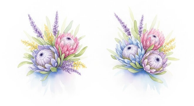Watercolor owl bouquets two delicate floral arrangements with owls
