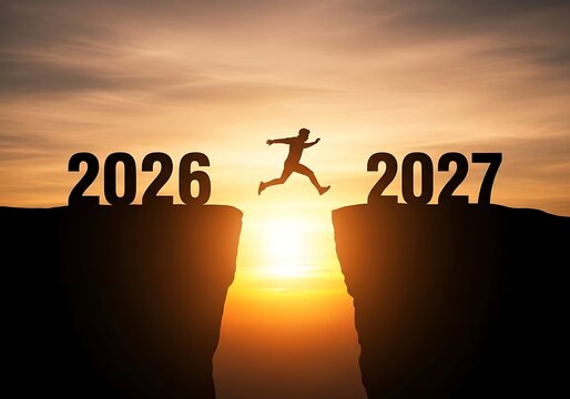 Happy New Year 2027 Inspiration Progress Success Silhouette Jumping From 2026 To 2027 Achievement Goal Motivation Sunset Concept