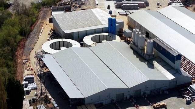 Aerial drone view of a massive concrete components manufacturing plant near Coalville UK