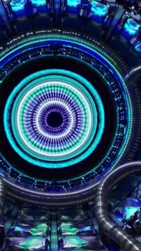 Rotating neon core inside engine chamber, concentric rings pulse with turquoise and purple light, braided cables and metallic ducts circle central rotor, hypnotic motion, industrial futurism mood,