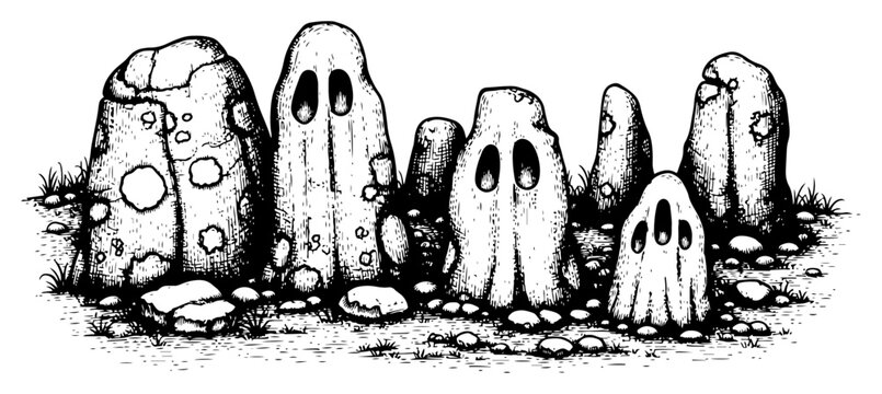 Mystical standing stones with haunting faces in vintage woodcut engraving style