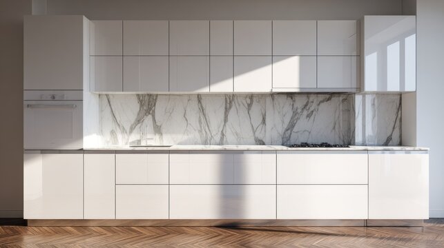 Minimalist modern kitchen interior design featuring glossy white cabinetry and a natural stone backsplash