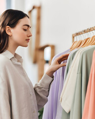 Obraz premium Woman Browsing Sustainable Fashion Rack in Bright Boutique