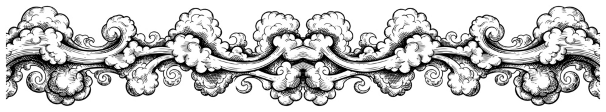 Decorative horizontal border with baroque style swirling clouds in a vintage engraving style