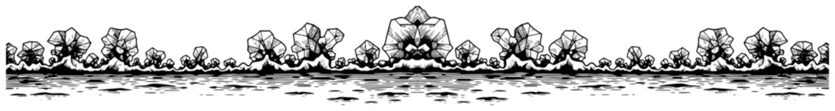 Decorative horizontal border with stylized floral crystal growths and rocky landscape in vintage woodcut style