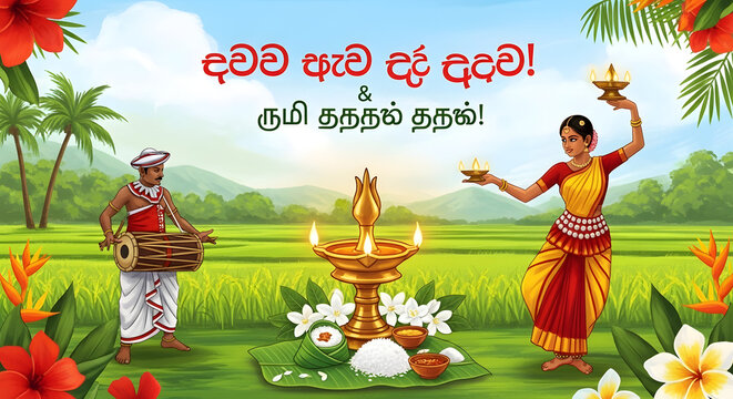 Traditional Sinhala and Tamil New Year Greeting Card Illustration featuring Vibrant Cultural Symbols and Digital Painting Artwork with Artistic Brush Strokes for Avurudu Celebration