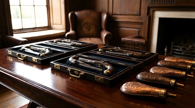 Collection of Vintage Dueling Pistols in Presentation Cases on a Polished Wooden Table