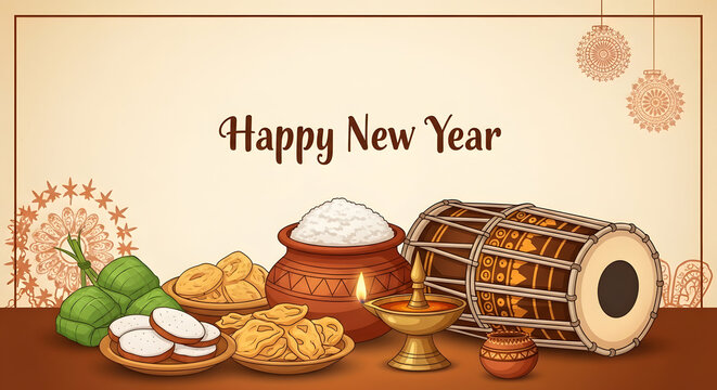 Traditional Sri Lankan Sinhala and Tamil New Year Celebration Card Illustration with Blank Copy Space for Text Featuring Vibrant Digital Painting Artwork of Cultural Symbols and Festive Colors