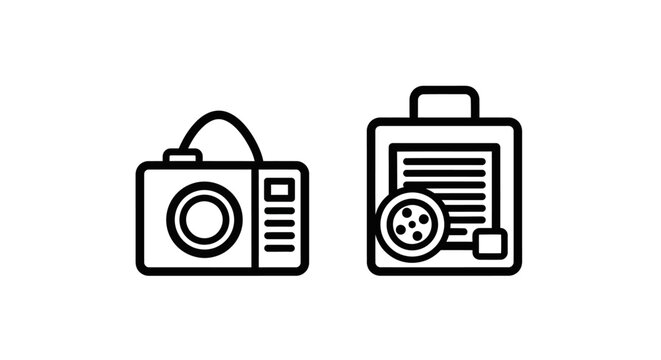 Minimalist line art icons depicting a digital photography camera and a film reel canister case for cinematography and media production with photography canister production electronic equipment