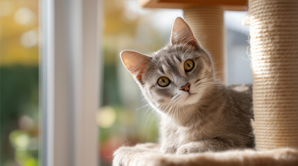 Faceless wide shot of a gray tabby cat perched on a bright tall cat tree by a sunny window, defocused minimalist living room, peaceful pet-friendly home, indoor enrichment, with copy space.