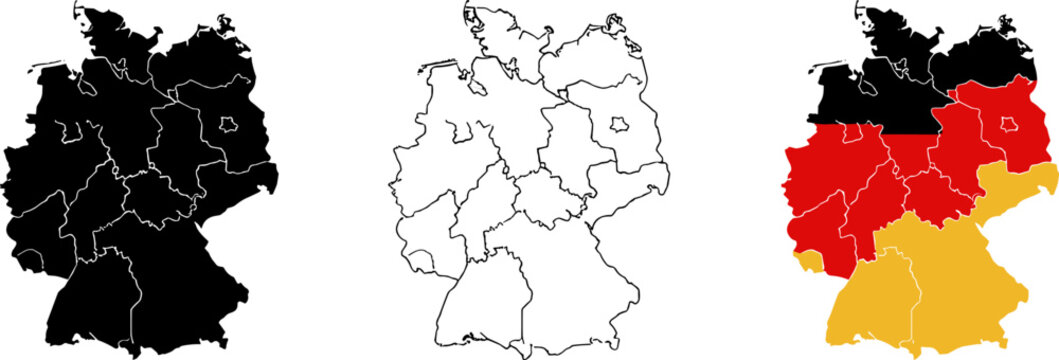 Germany map illustration set, solid silhouette with states, outline design, German flag overlay, national symbol, geographic country shape, Europe