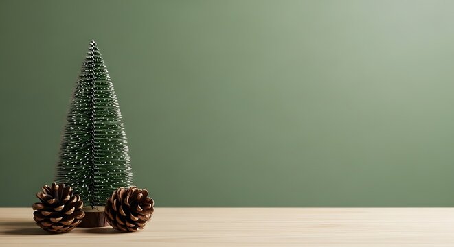 Minimalist christmas scene small pine tree with pinecones on a light surface