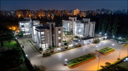 Obraz na płótnie Canvas A business center is seen at night with surrounding buildings and traffic lights while the city skyline is visible in the background
