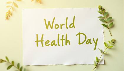Obraz premium World Health Day message on paper with green leaves around 