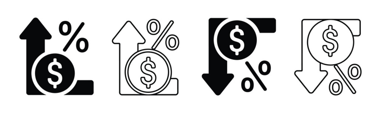 financial money dollar percentage growth and decline icons set. Percent arrow up and down flat and line style symbols collection - stock vector.

