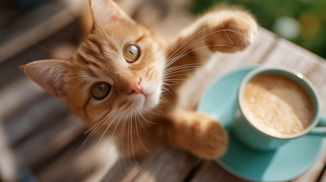 Faceless overhead shot of a red tabby cat playfully reaching toward a small ceramic cup of frothy beverage on a bright caf&eacute; table, pet-friendly humor, freelance break, cozy moment, with copy